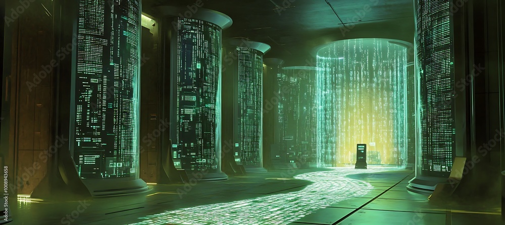 Poster a holographic representation of data streams in a futuristic data center