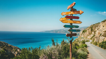 Colorful wooden signpost with multiple arrows pointing in different directions, standing on a cliff overlooking a scenic coastline road and turquoise ocean.