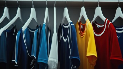 A collection of colorful sports jerseys hanging in a closet.
