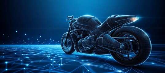 Blue Wireframe of a Generic Sport Motorcycle Connected on a Digital Network Grid System