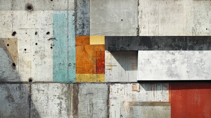 Abstract geometric concrete wall with colorful patches.
