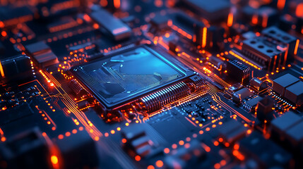 Fototapeta premium Closeup of a computer chip with glowing orange circuitry.