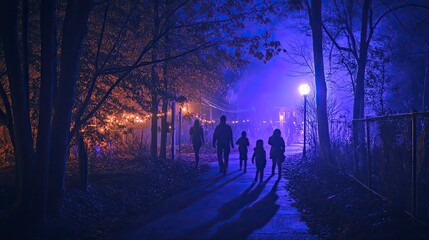 A spooky haunted trail experience with families exploring eerie scenes and fun surprises.