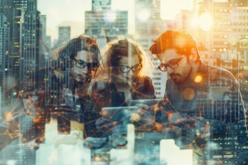 Diverse business team working in city with growing graph.