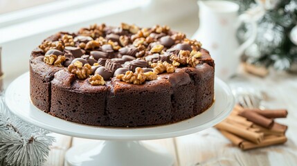 Indulge in a Decadent Chocolate Cake Topped with Walnuts and Drizzled Delicately for a Festive Dessert Experience