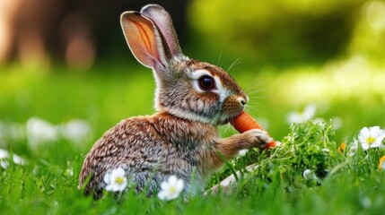 Obraz premium A cute rabbit munching on a carrot amidst green grass and flowers.