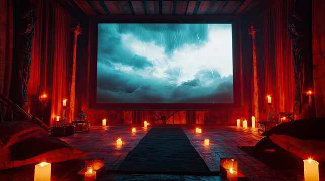 Fototapeta A spooky movie night setup with a large screen, eerie glowing candles, and a backdrop of howling wind and thunder.