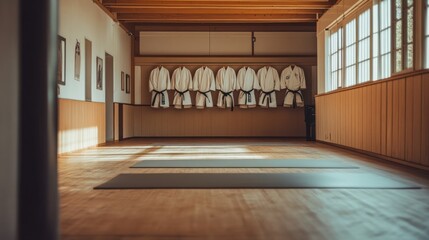 A serene dojo with martial arts uniforms hanging on the wall, ready for practice.