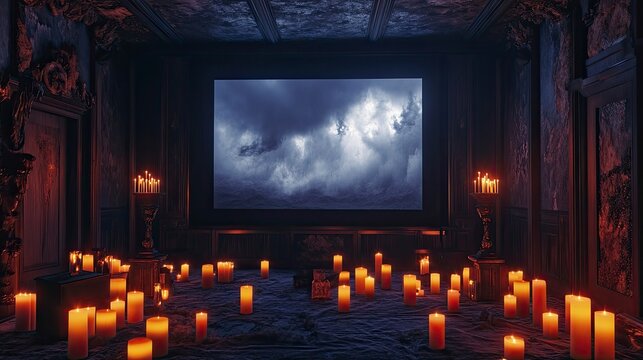 Fototapeta A spooky movie night setup with a large screen, eerie glowing candles, and a backdrop of howling wind and thunder.