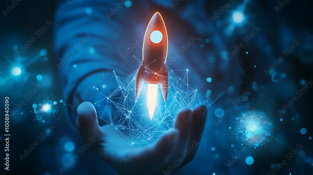 Poster a hand holding a glowing rocket ship with a network of digital lines and particles.