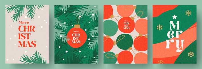 Merry Christmas and Happy New Year greeting card Set. Modern beautiful Xmas design with typography, Christmas tree branches, balls, snowflake pattern. Minimal art banner, poster, cover templates