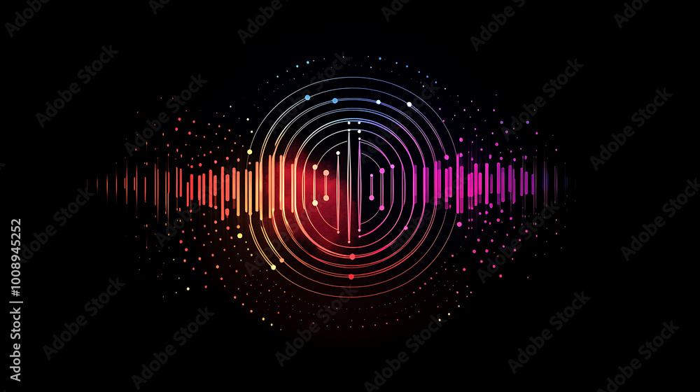 Poster abstract digital background with colorful circles and lines on a dark background.