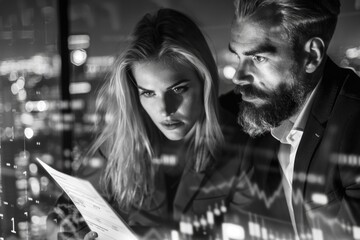 Fototapeta premium Businesswoman and colleague analyzing forex graph over cityscape background.