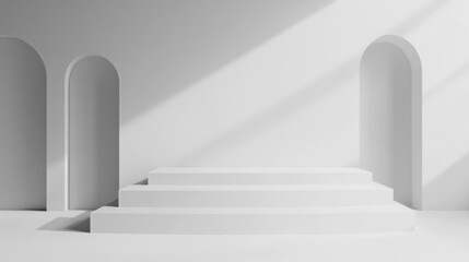 Fototapeta premium Minimalism white color interior decor with podium for product, white background