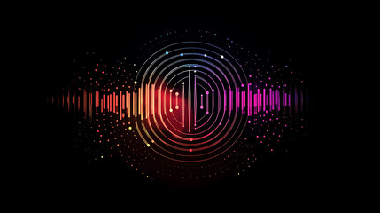 Abstract digital background with colorful circles and lines on a dark background.