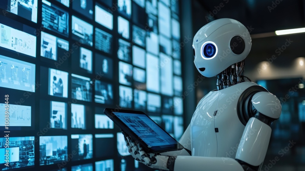 Poster humanoid robot using a tablet to explore digital content, contemporary tech workspace with large scr