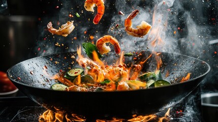 An exhilarating capture of a wok pan in action, showcasing an array of ingredients like zucchini and shrimp suspended in the air,