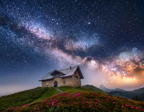 Maison au sommet d'une colline sous la galaxie d'&eacute;toiles. Photo d'astronomie