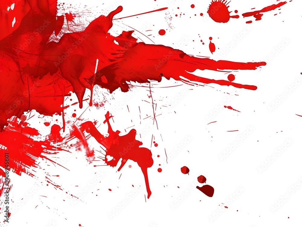 Poster striking abstract red ink splatter on white background with dramatic contrast and controlled chaos d