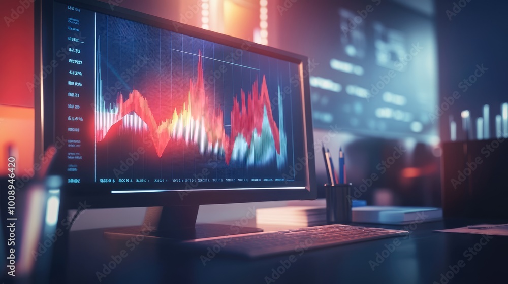 Poster modern business setting with dynamic upward arrow charts displayed on a high-tech monitor