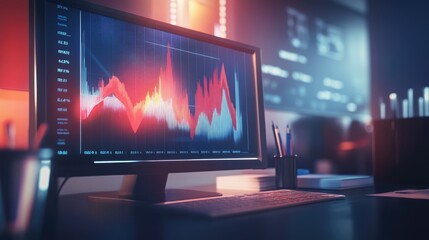 Modern business setting with dynamic upward arrow charts displayed on a high-tech monitor