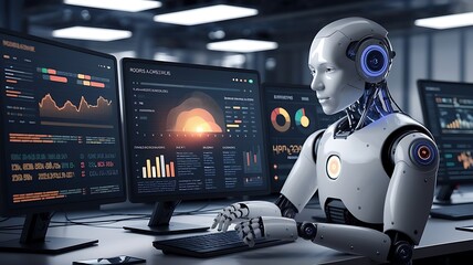  A futuristic scene of a computerized business analysis system with intelligent AI robots