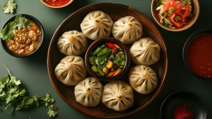 An inviting arrangement of momos with colorful garnishes, set against a clean backdrop that allows for a generous area for captions or branding messages.