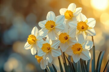 vibrant daffodils in white and yellow blooming in a sunlit spring meadow creating a warm cheerful atmosphere indicative of springtime renewal