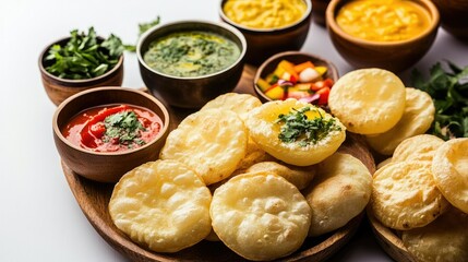 An inviting arrangement of pani puris with colorful dips, set against a clean surface that allows for a generous area for captions or promotional use
