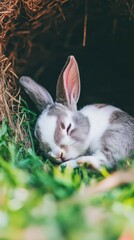Obraz premium A sleeping rabbit nestled in grass and hay, showcasing tranquility in nature.
