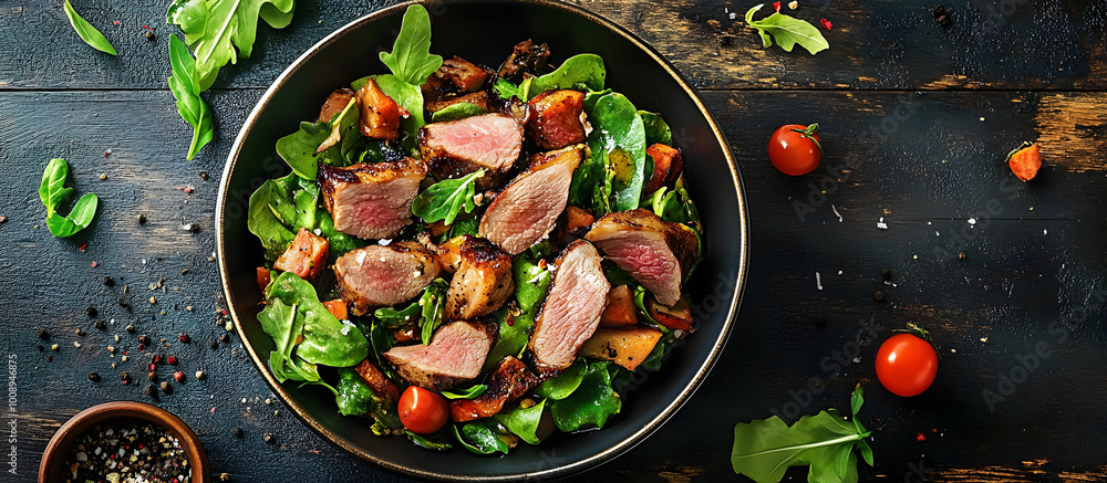 Poster smoked duck meat salad with natural fresh ingredients placed on a rustic table with a top view for a
