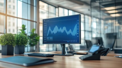 Modern office environment with clear upward arrow charts on a large screen, showcasing success