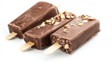 Chocolate popsicle with almond coating, isolated on a bright white background