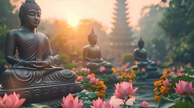 A peaceful scene at a Thai temple on Visakha Bucha Day, with monks walking in procession and devotees offering lotus flowers and incense.
