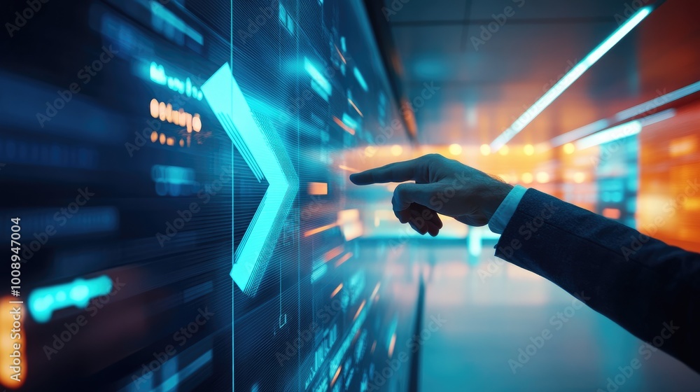 Aufkleber modern office scene with a hand pointing to a large success arrow on a digital display
