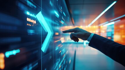 Modern office scene with a hand pointing to a large success arrow on a digital display