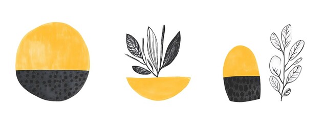 Set of hand-drawn abstract shapes in Scandinavian style, featuring geometric forms and doodle lines in yellow, black, and grey, ideal for minimalist wall art and home decor."