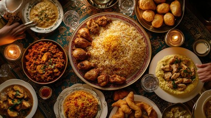 An overhead shot of a diverse Arabic Iftar meal with dishes like chicken biryani, korma, butter chicken, fried rolls,