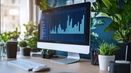 Modern workspace with success-oriented arrow charts on a digital monitor, showcasing progress