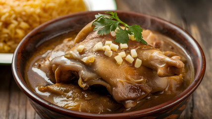 A steaming bowl of Kawarea, featuring slow-cooked cow&rsquo;s trotters in a rich broth. Garnished with garlic and coriander, it's served alongside Egyptian rice.






