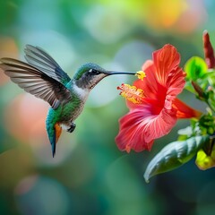 Naklejka premium Hummingbird Sipping Nectar from a Vibrant Red Flower in Mid flight with Blurred Wings