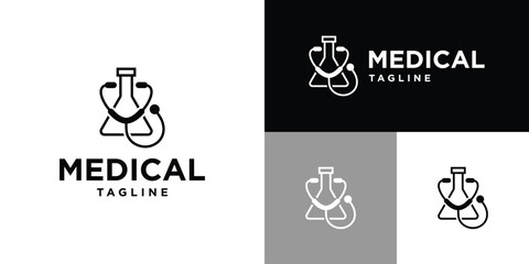 Vector design template of lab glass logo combination with stethoscope. Test, doctor, treatment, laboratory. Icon symbol EPS 10.