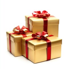 Fototapeta premium 3 golden gift boxes with red ribbons packaging presents wrapping.