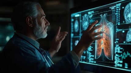 Side view of a doctor interacting with an AI-powered hologram showing a patienta??s respiratory system