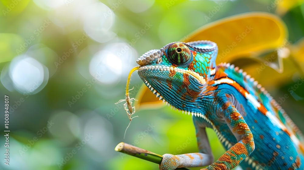 Poster vibrant chameleon extending tongue to catch insect in jungle background