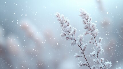 Delicate frost-covered branches in a serene snowy landscape.