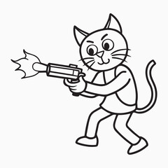 Bold Line Art Funny Cat Firing with Gun Vector Illustration
