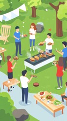 Fototapeta premium A lively outdoor barbecue gathering with people enjoying food and socializing.