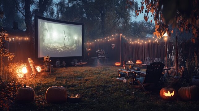 Fototapeta A spooky outdoor movie night setup with friends watching classic horror films on a big screen.