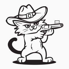 Bold Line Art Funny Cat Firing with Gun Vector Illustration